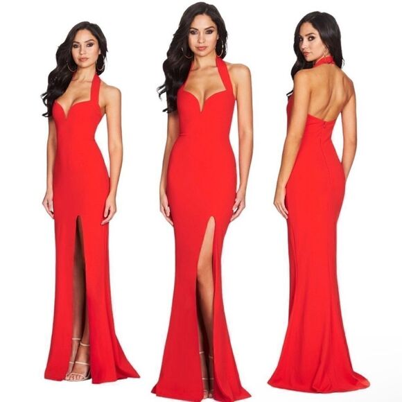 Nookie NWT Cherry Ted V Front Madonna Halter Maxi Gown Dress Large - Picture 1 of 7